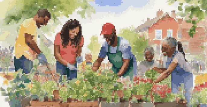 A diverse group of volunteers planting flowers in a community garden under bright sunlight, showcasing teamwork and community spirit.