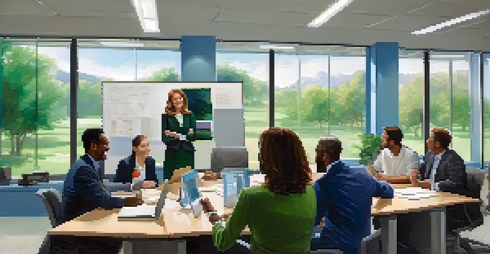 A group of diverse professionals in a modern office, actively discussing ideas with enthusiasm.