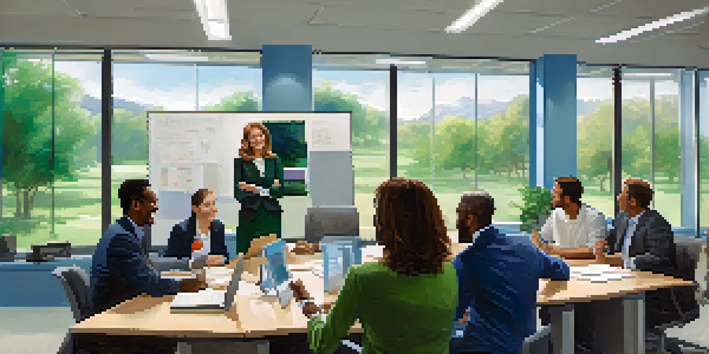 A group of diverse professionals in a modern office, actively discussing ideas with enthusiasm.