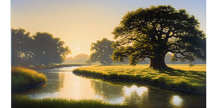 A tranquil landscape with a green field, a winding river, and a tall oak tree under a blue sky during golden hour.
