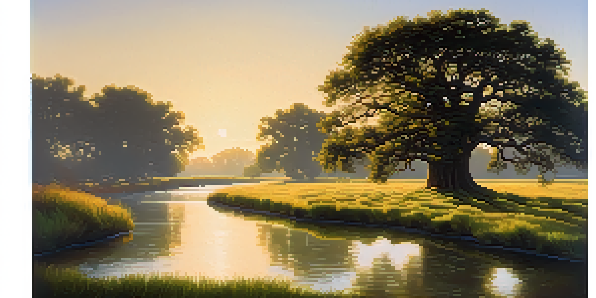 A tranquil landscape with a green field, a winding river, and a tall oak tree under a blue sky during golden hour.