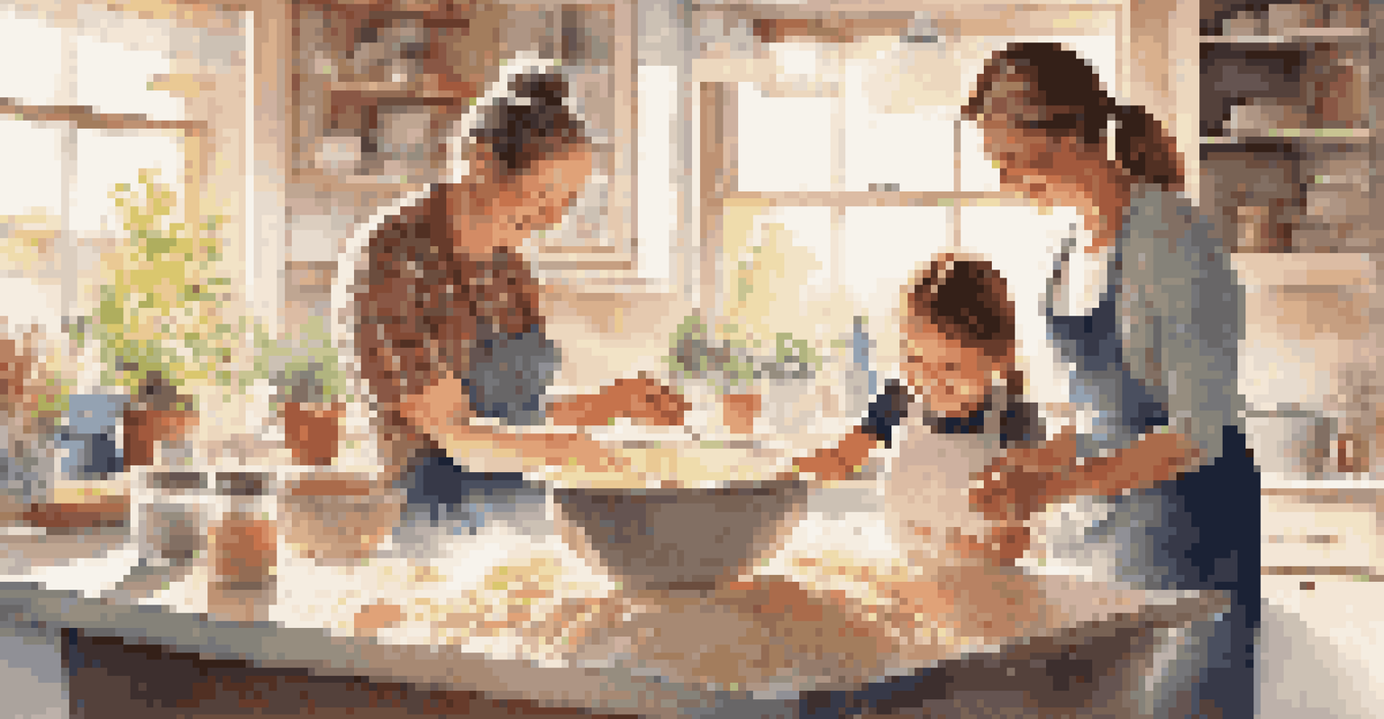 A parent and child happily baking in a bright kitchen, surrounded by flour and colorful baking utensils.
