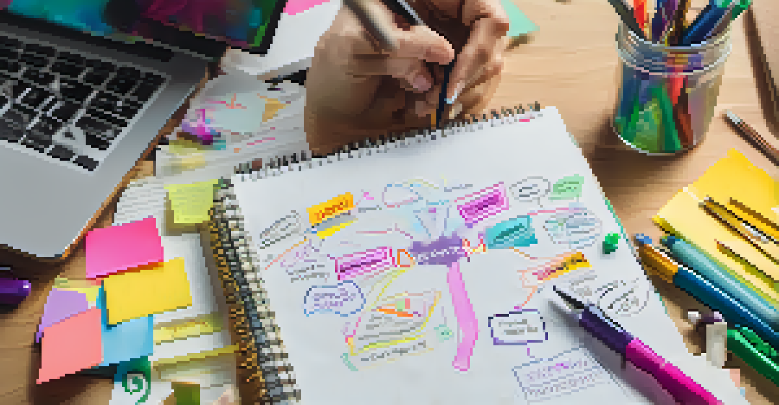 A person writing in a notebook surrounded by colorful stationery, illustrating the process of setting career goals.
