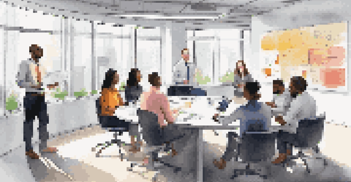 A diverse group of employees in a bright office discussing talent assessment around a round table with a laptop.