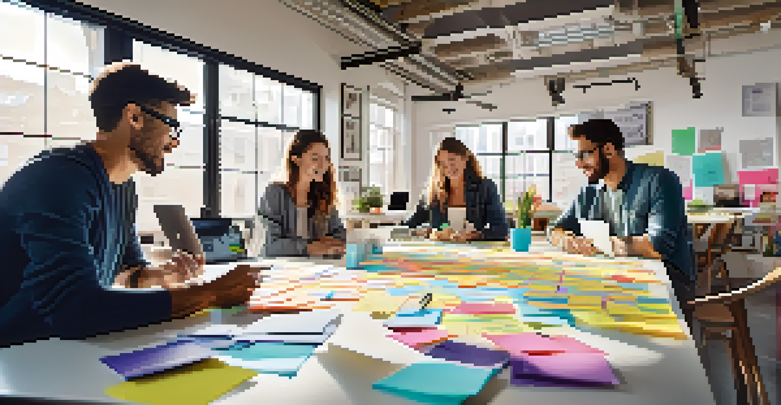 A collaborative team working together at a table filled with sticky notes and laptops in a bright workspace, with motivational quotes on the walls.