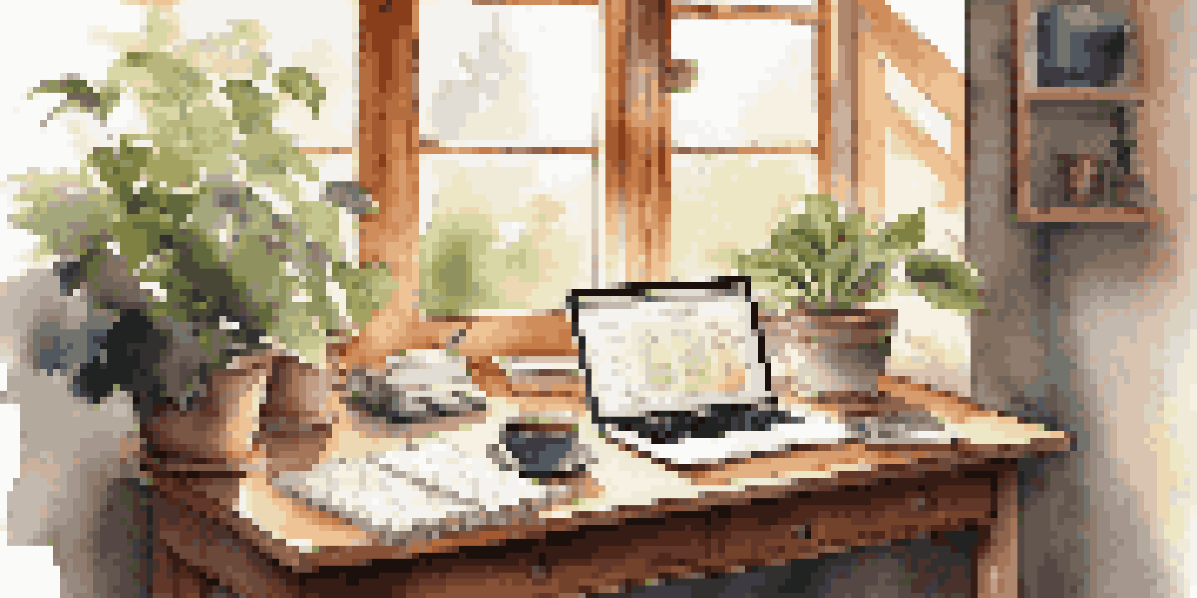A well-lit workspace with a laptop, coffee cup, and notepad on a wooden desk, illuminated by sunlight.