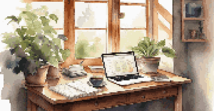 A well-lit workspace with a laptop, coffee cup, and notepad on a wooden desk, illuminated by sunlight.