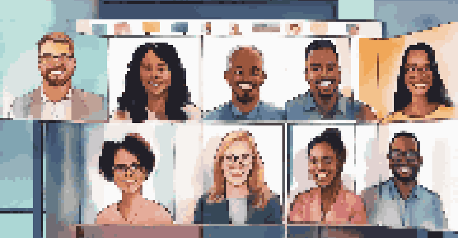 A close-up of a video conference with diverse team members smiling from their home offices, showcasing their individual workspaces.