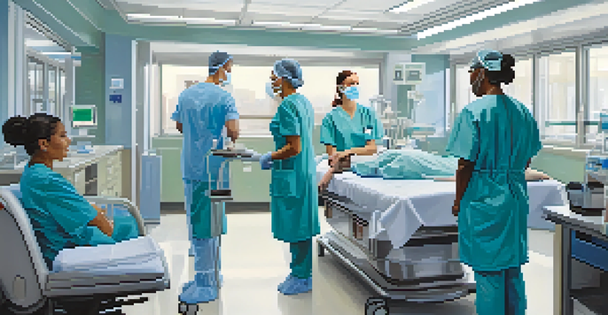 A diverse group of healthcare professionals working together in a modern hospital environment.