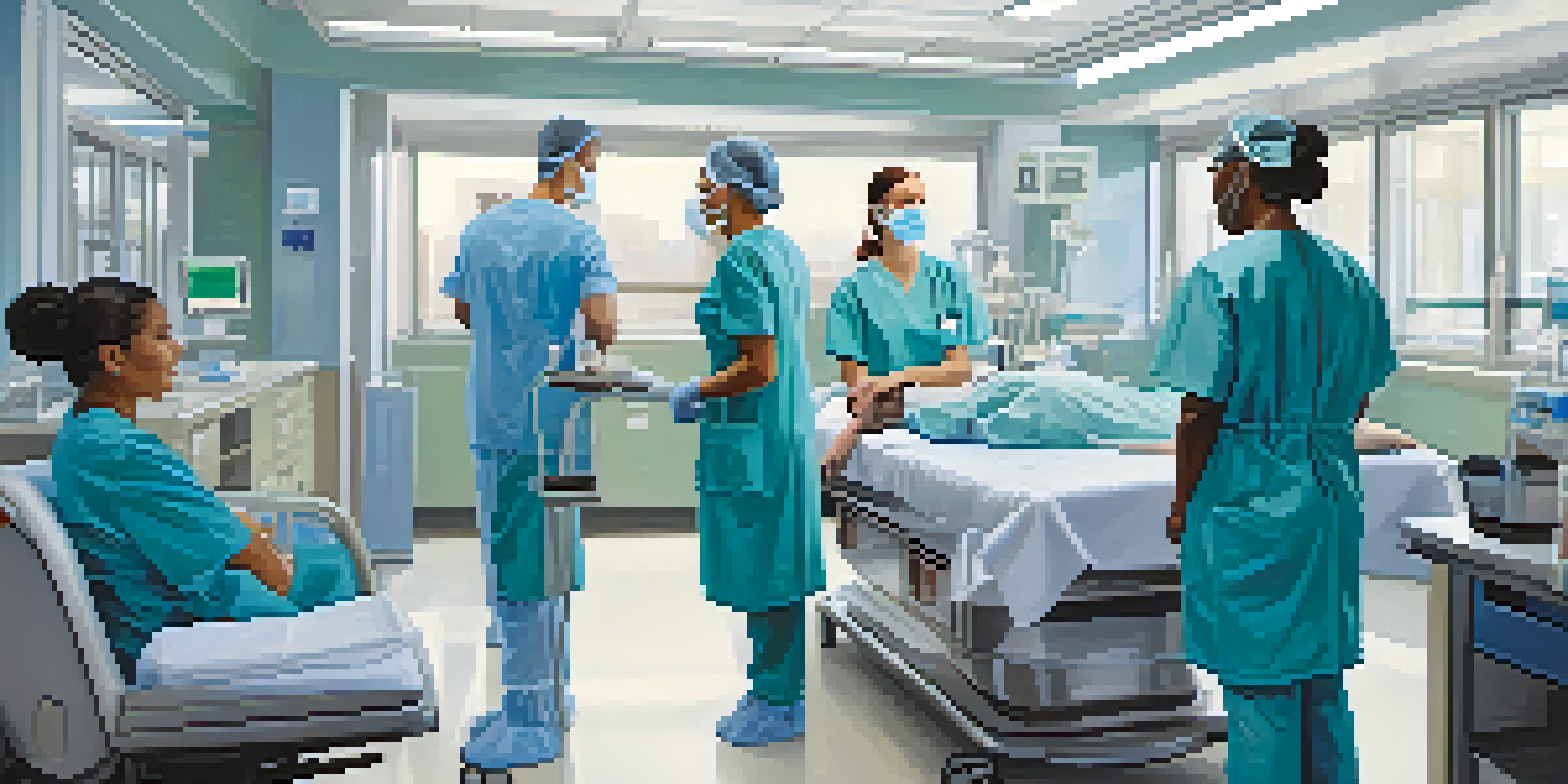 A diverse group of healthcare professionals working together in a modern hospital environment.
