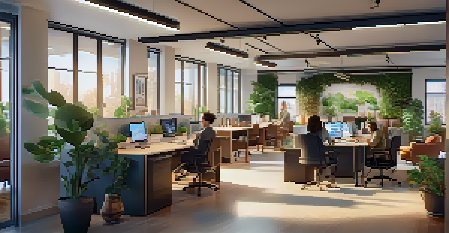 An open office space with diverse employees collaborating and working together in a welcoming environment.