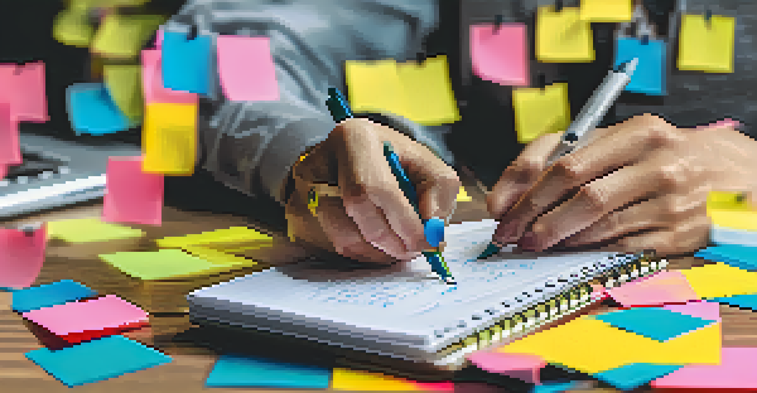 A close-up of a hand writing on a notepad with colorful sticky notes, representing organization and productivity.