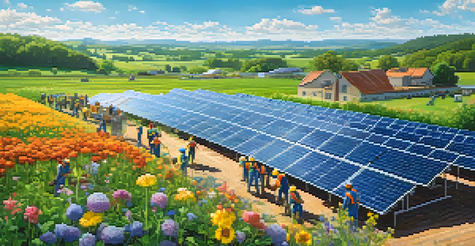 A community solar farm with workers installing solar panels amidst green fields and wildflowers under a blue sky.