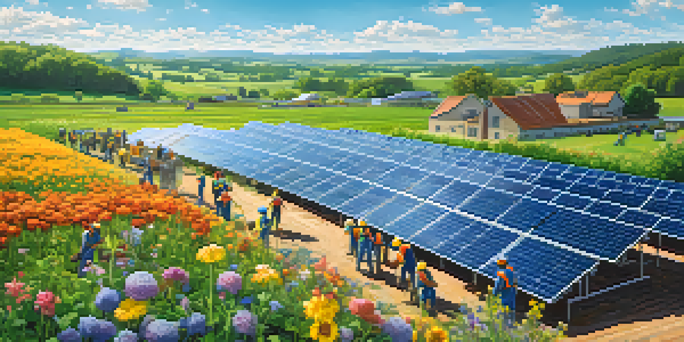A community solar farm with workers installing solar panels amidst green fields and wildflowers under a blue sky.