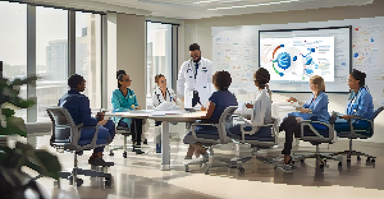A group of diverse healthcare professionals collaborating in a meeting, discussing AI strategies for patient care, highlighting teamwork in modern healthcare.