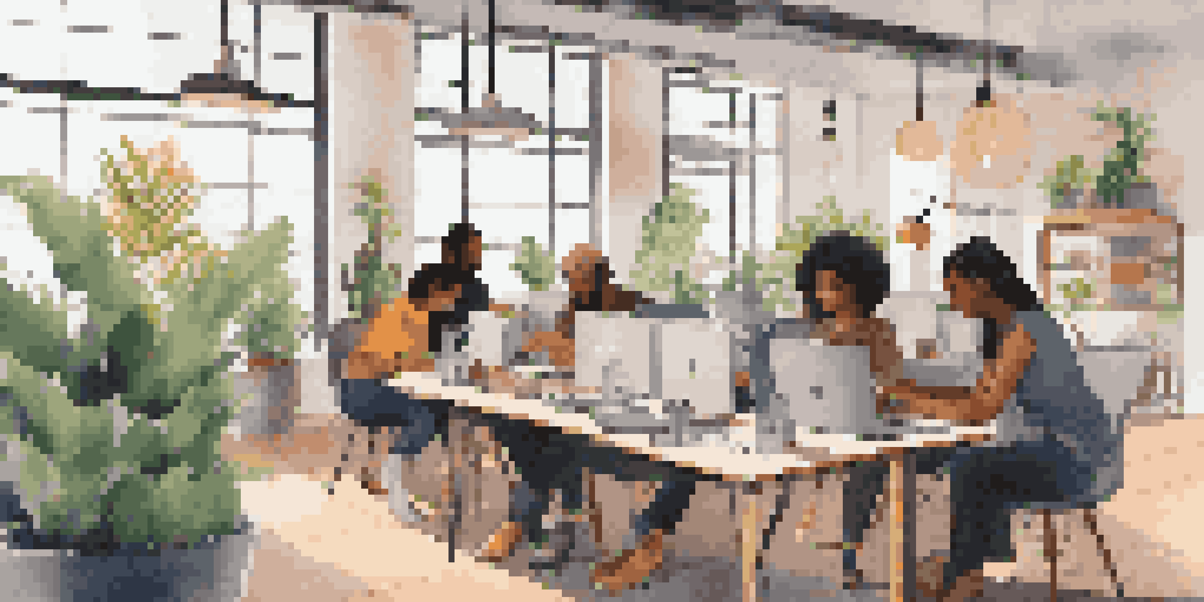A diverse group of freelancers working on laptops in a bright, modern co-working space with natural light and colorful plants.