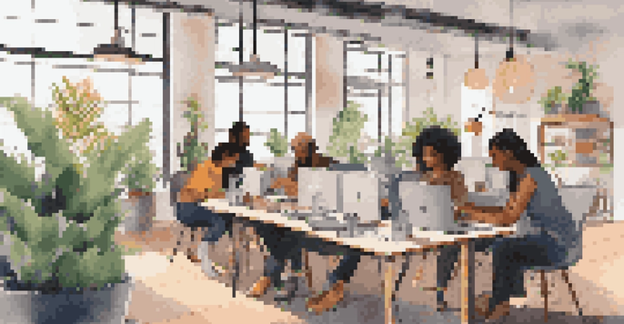 A diverse group of freelancers working on laptops in a bright, modern co-working space with natural light and colorful plants.