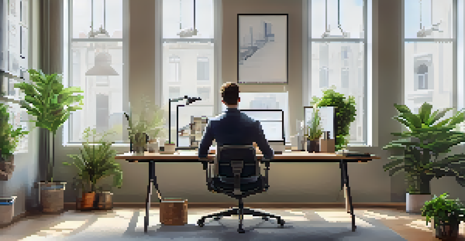 A person stretching during a break in a modern office filled with natural light and plants.