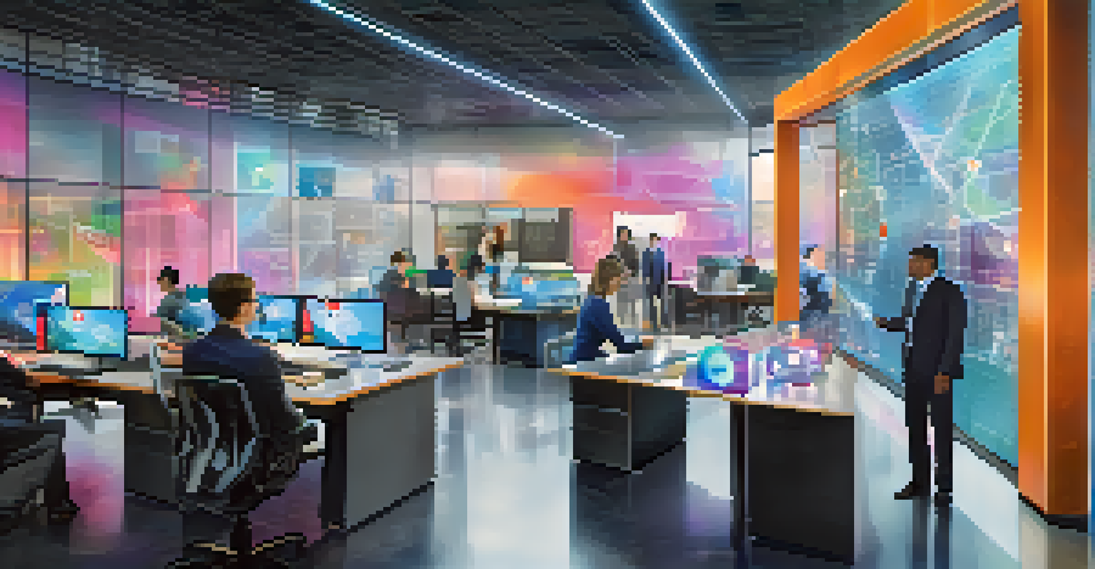 Employees collaborating with AI robots in a futuristic office, with holographic displays of job trends.