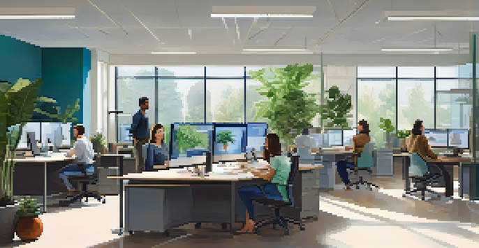 A diverse group of employees in a bright office, collaborating and using technology for remote work.