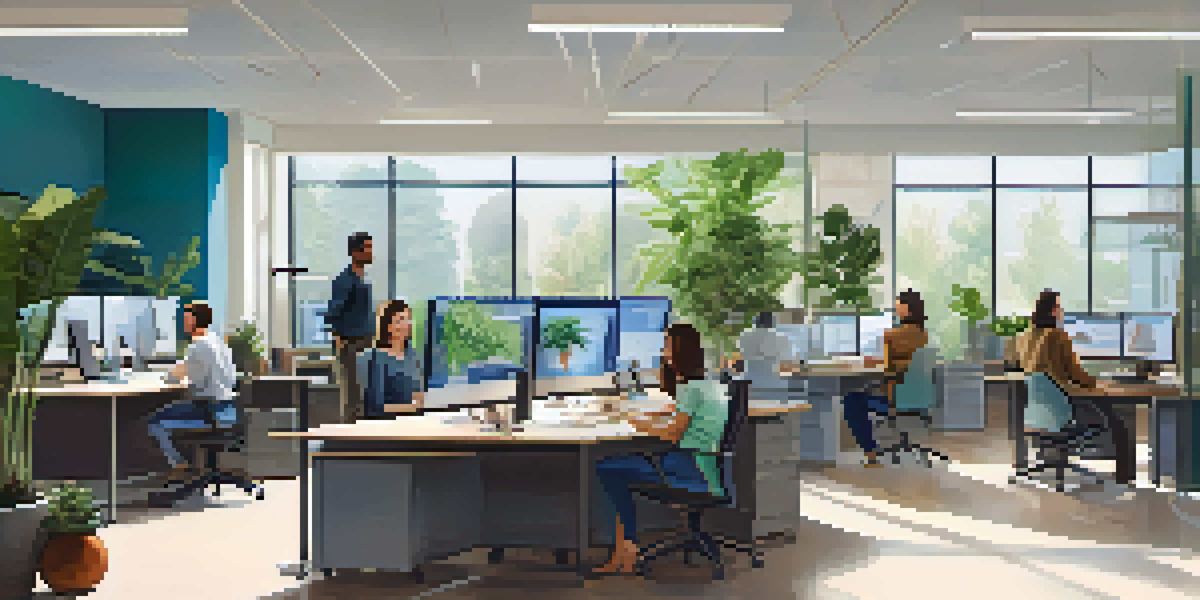 A diverse group of employees in a bright office, collaborating and using technology for remote work.