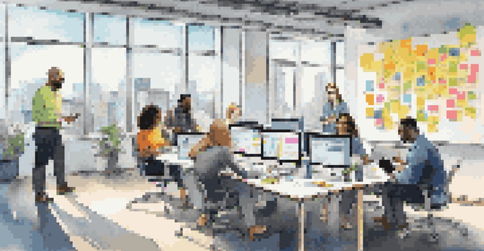 A diverse team of professionals collaborating in a bright office with laptops and brainstorming materials.