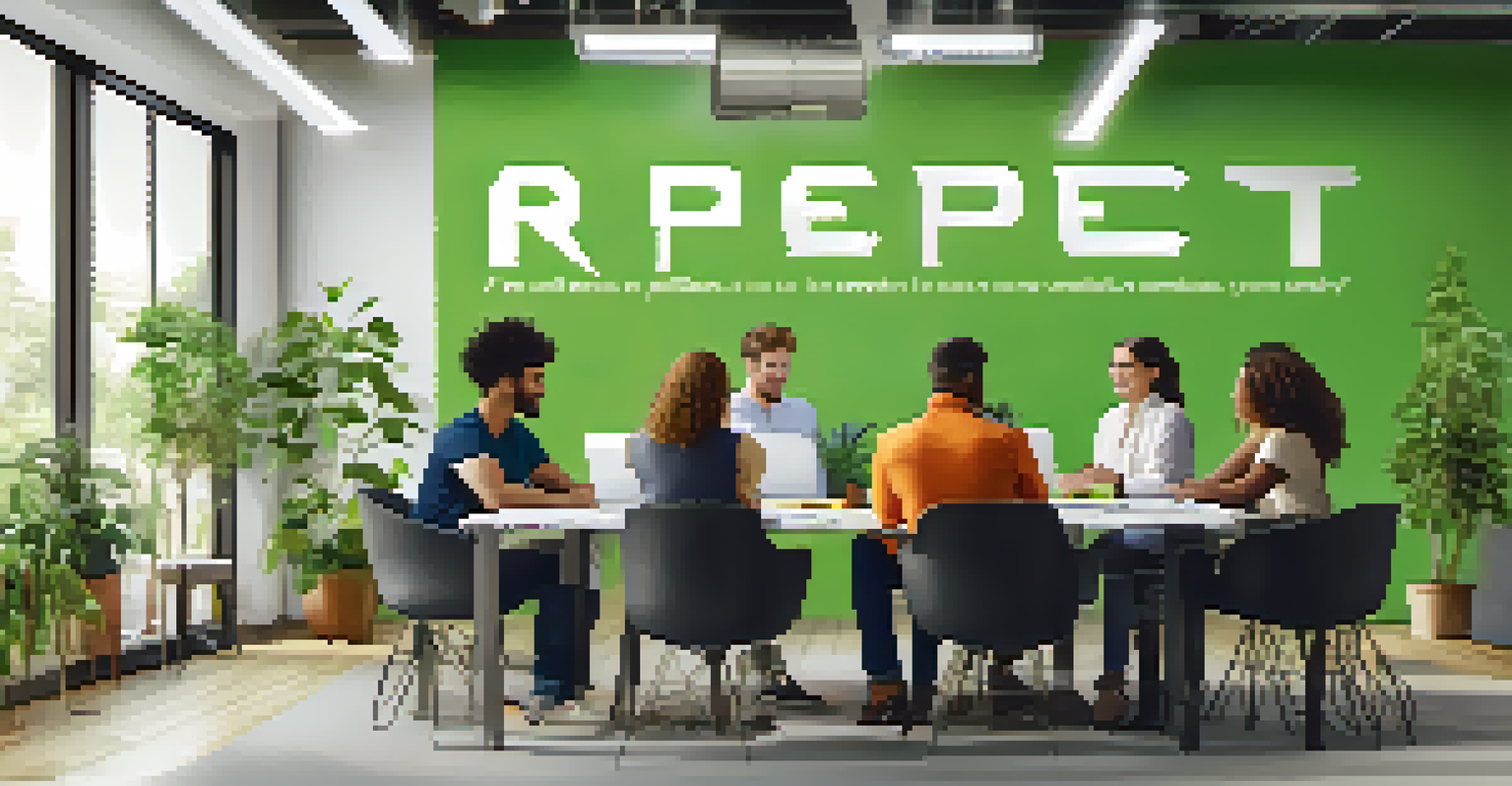 An inspirational poster reading 'Respect & Inclusivity' on a wall in a collaborative office space.