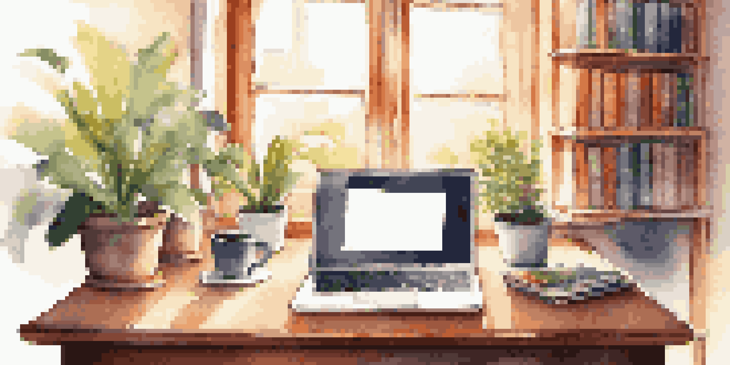 A cozy workspace with a laptop, notebook, coffee cup, and sunlight streaming through a window, surrounded by plants and books.