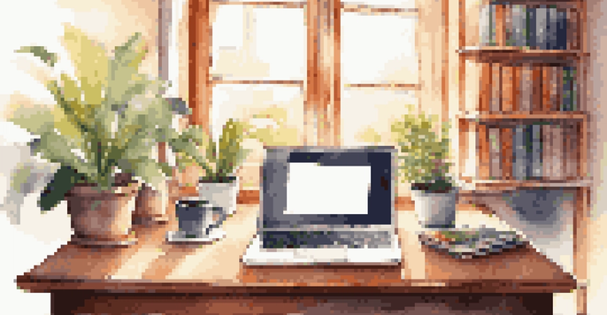 A cozy workspace with a laptop, notebook, coffee cup, and sunlight streaming through a window, surrounded by plants and books.