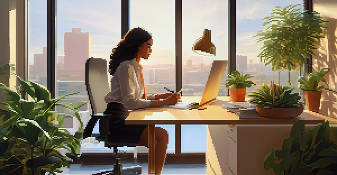 A professional woman taking notes in a well-lit office during a feedback session, with plants and artwork around her.