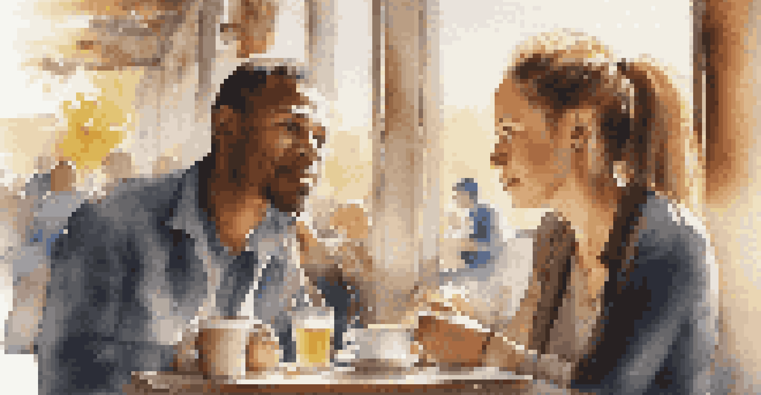 Two individuals conversing in a café, one listening attentively while the other speaks, with warm sunlight creating a cozy atmosphere.
