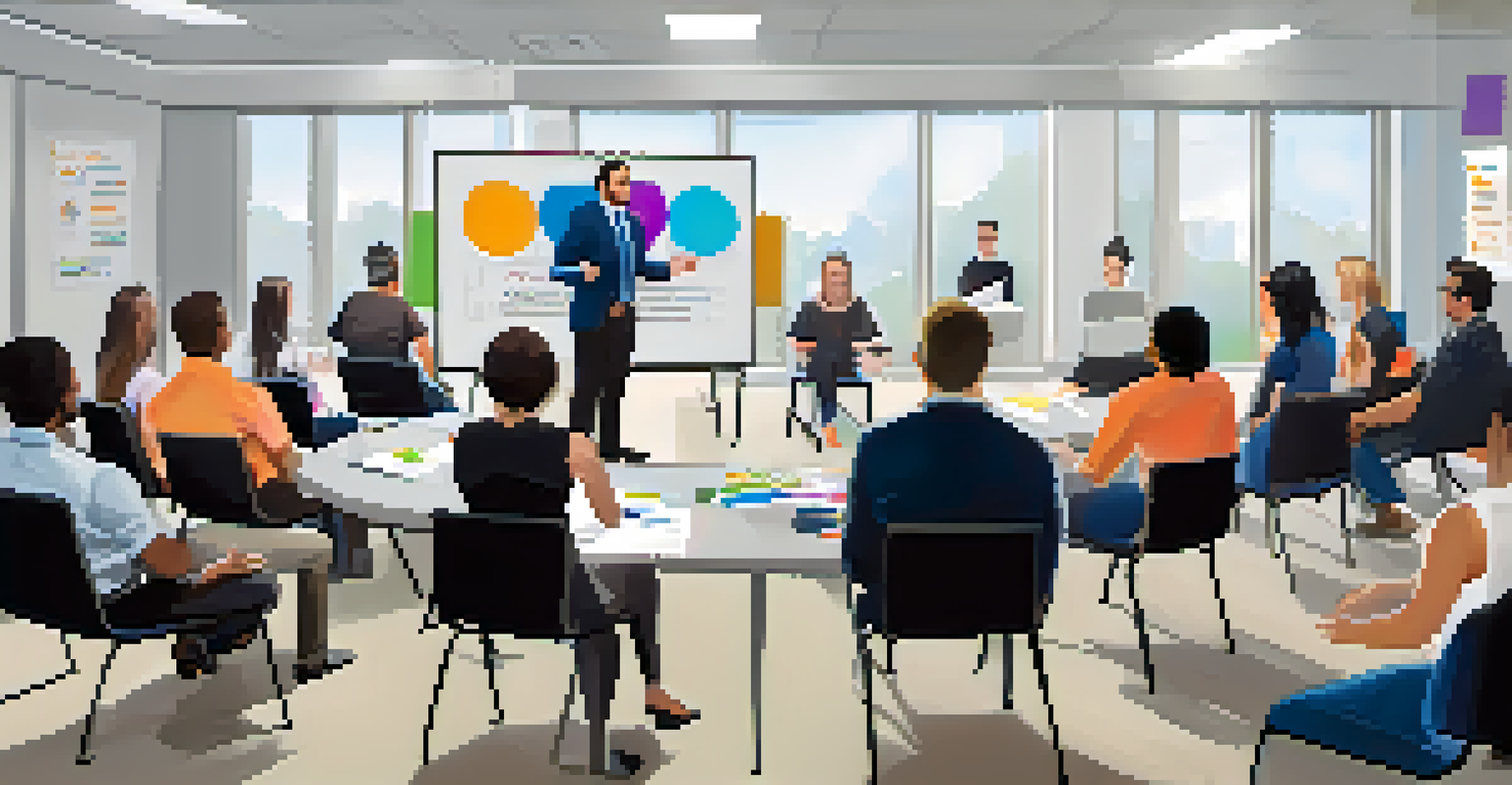 An office training session on emotional intelligence, showing a diverse group of employees engaged in discussion and learning.