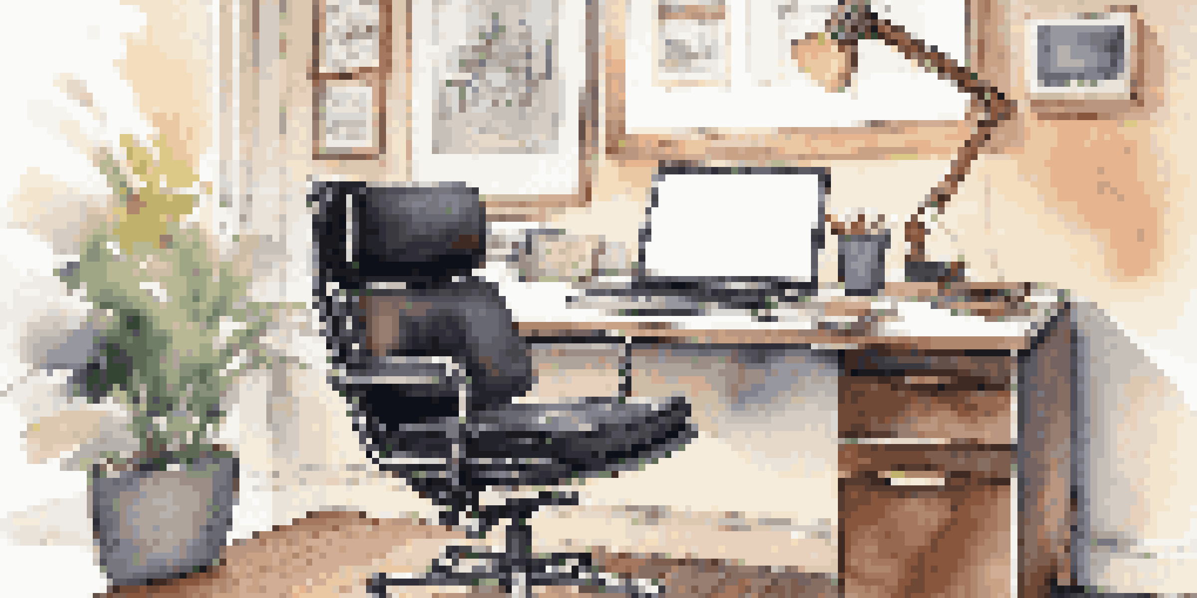 A close-up of an ergonomic chair with a modern desk setup featuring a laptop and motivational quotes.