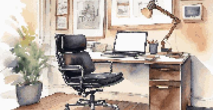 A close-up of an ergonomic chair with a modern desk setup featuring a laptop and motivational quotes.