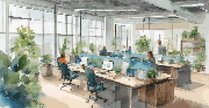 A modern office space with natural light and plants, where employees collaborate in a creative environment.