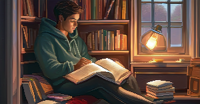 A person in a cozy reading nook, surrounded by books and a laptop, sitting thoughtfully with a cup of tea on a side table.