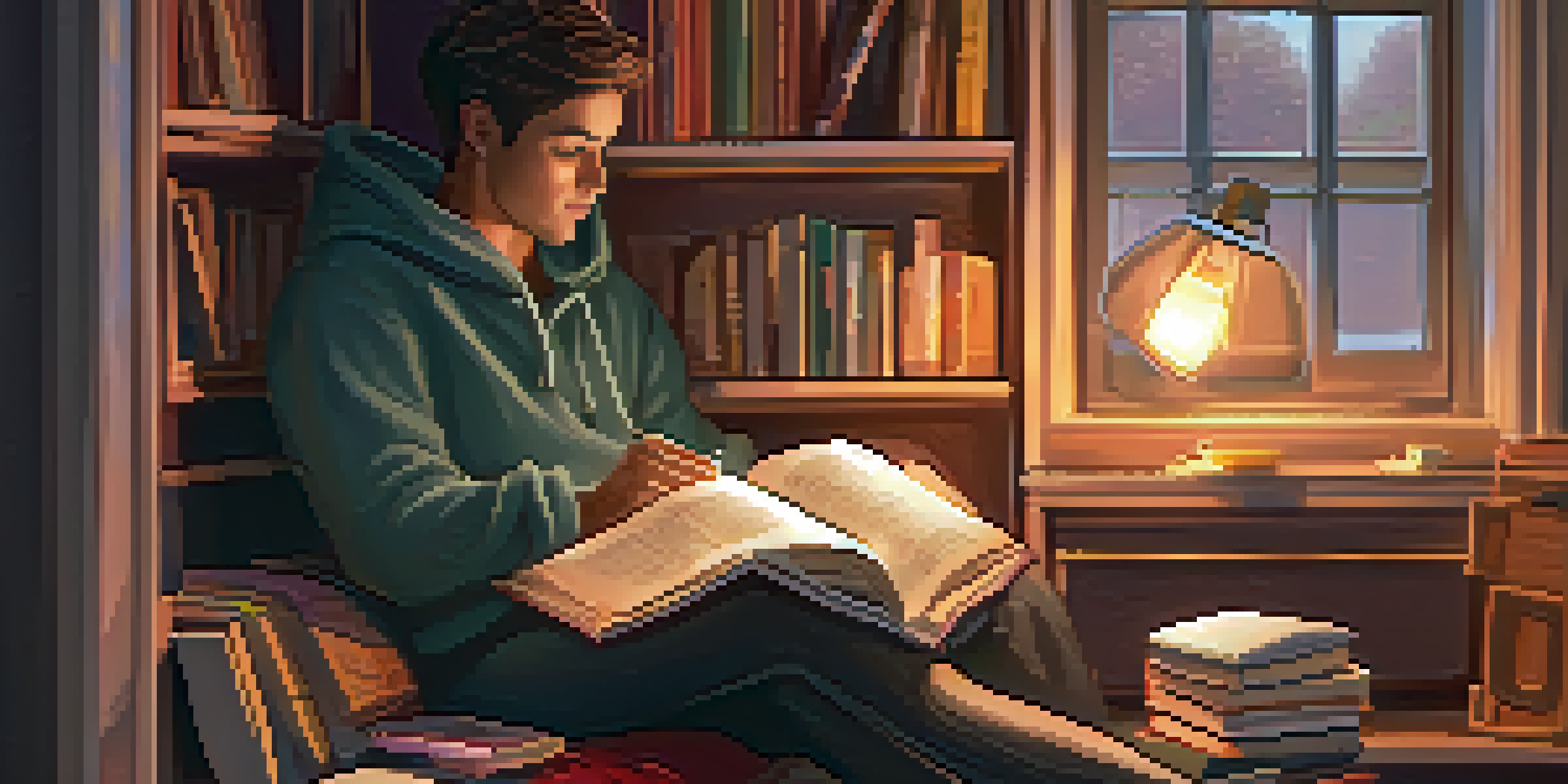 A person in a cozy reading nook, surrounded by books and a laptop, sitting thoughtfully with a cup of tea on a side table.
