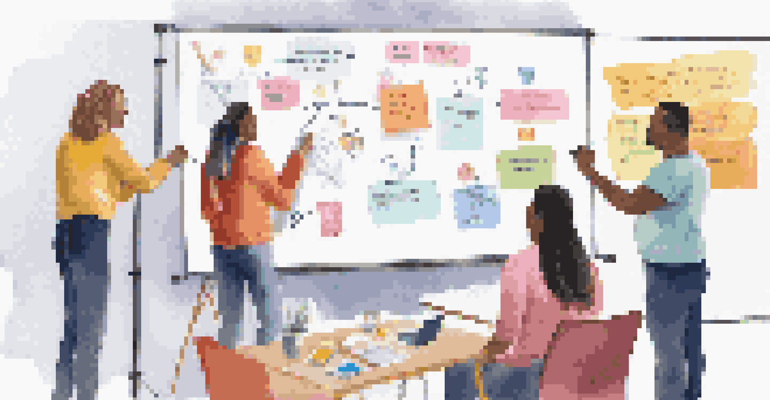A diverse group engaged in a goal-setting workshop, discussing SMART goals with a whiteboard and colorful sticky notes.