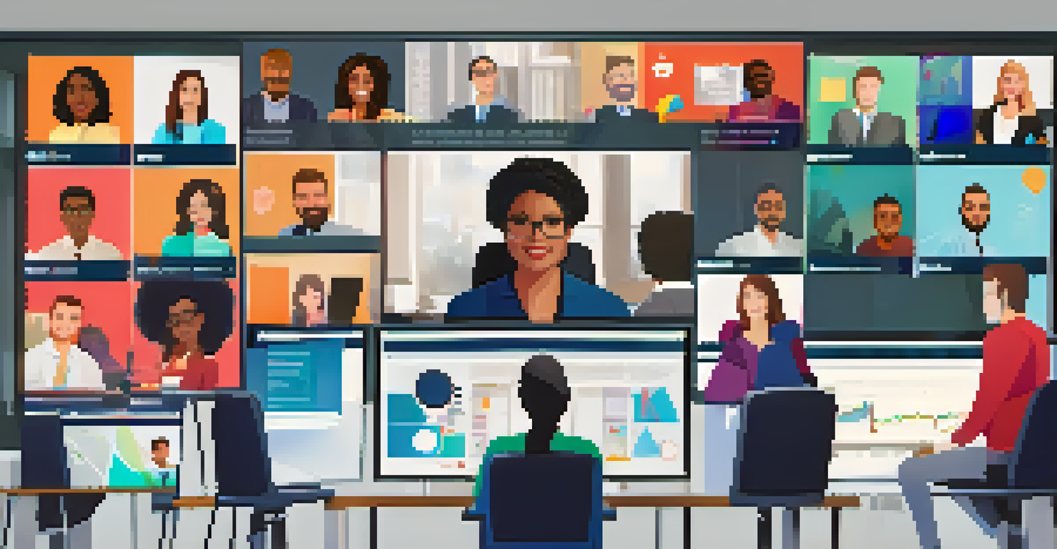 A virtual meeting with diverse professionals discussing career development on multiple screens.
