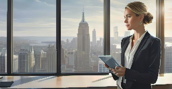 A professional woman in business attire stands in a modern office, holding a tablet with a city skyline visible through the windows.