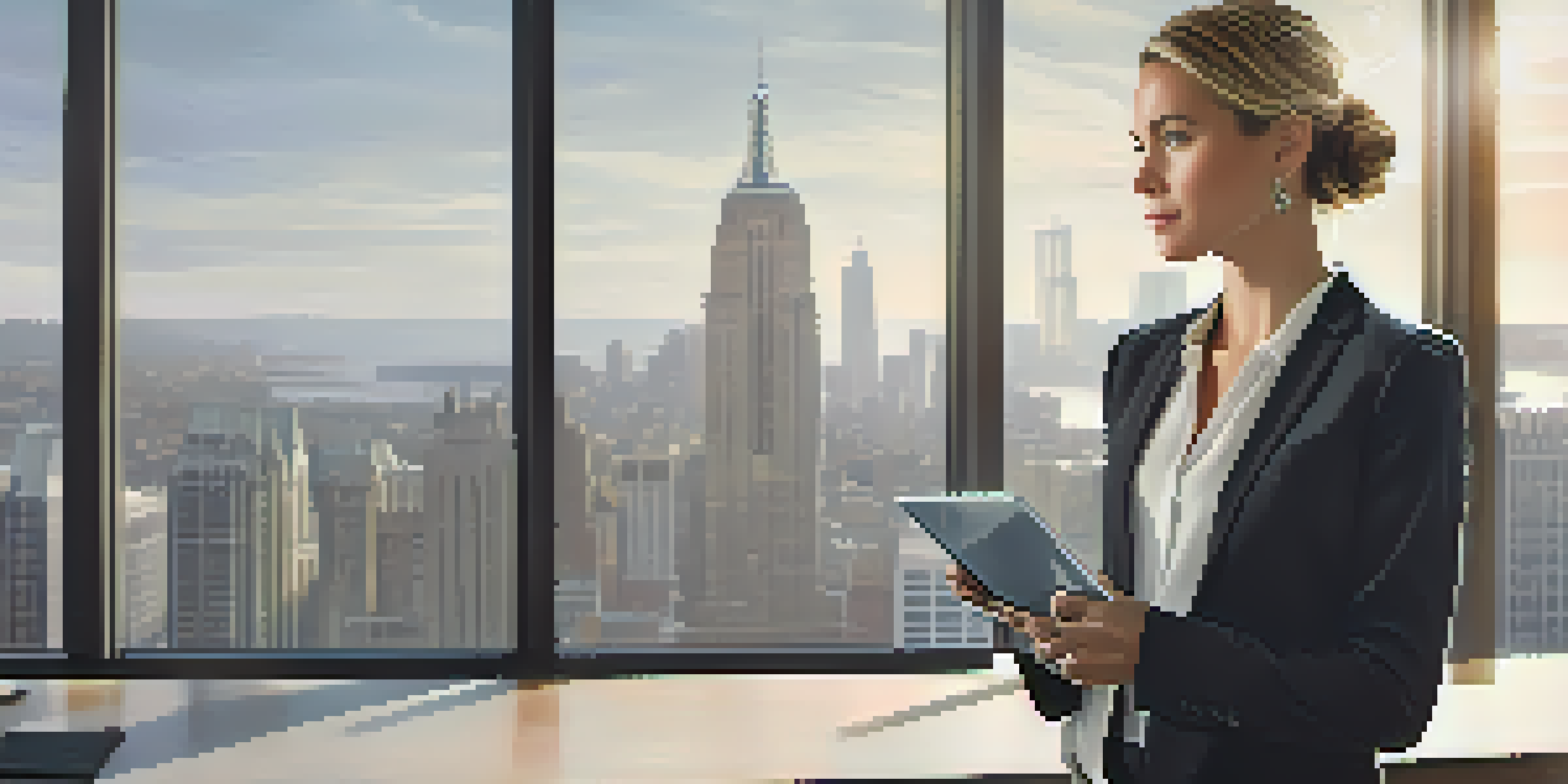 A professional woman in business attire stands in a modern office, holding a tablet with a city skyline visible through the windows.