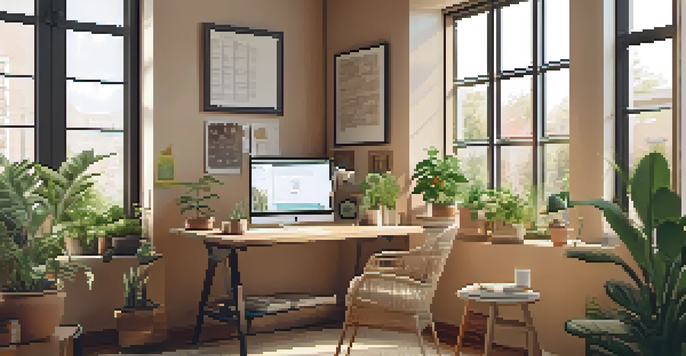 A cozy workspace with a laptop, plants, and a cup of coffee, bathed in natural light.