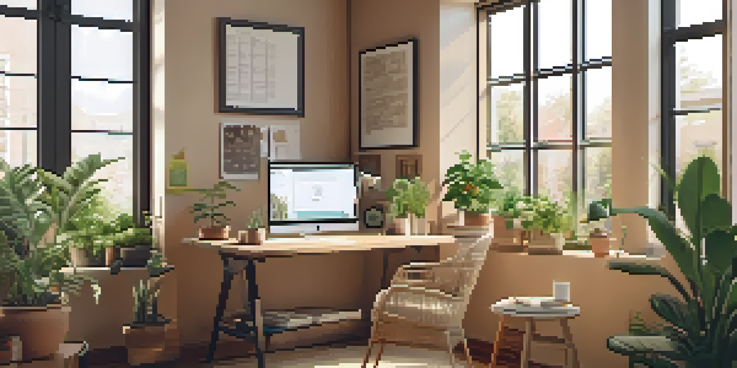 A cozy workspace with a laptop, plants, and a cup of coffee, bathed in natural light.