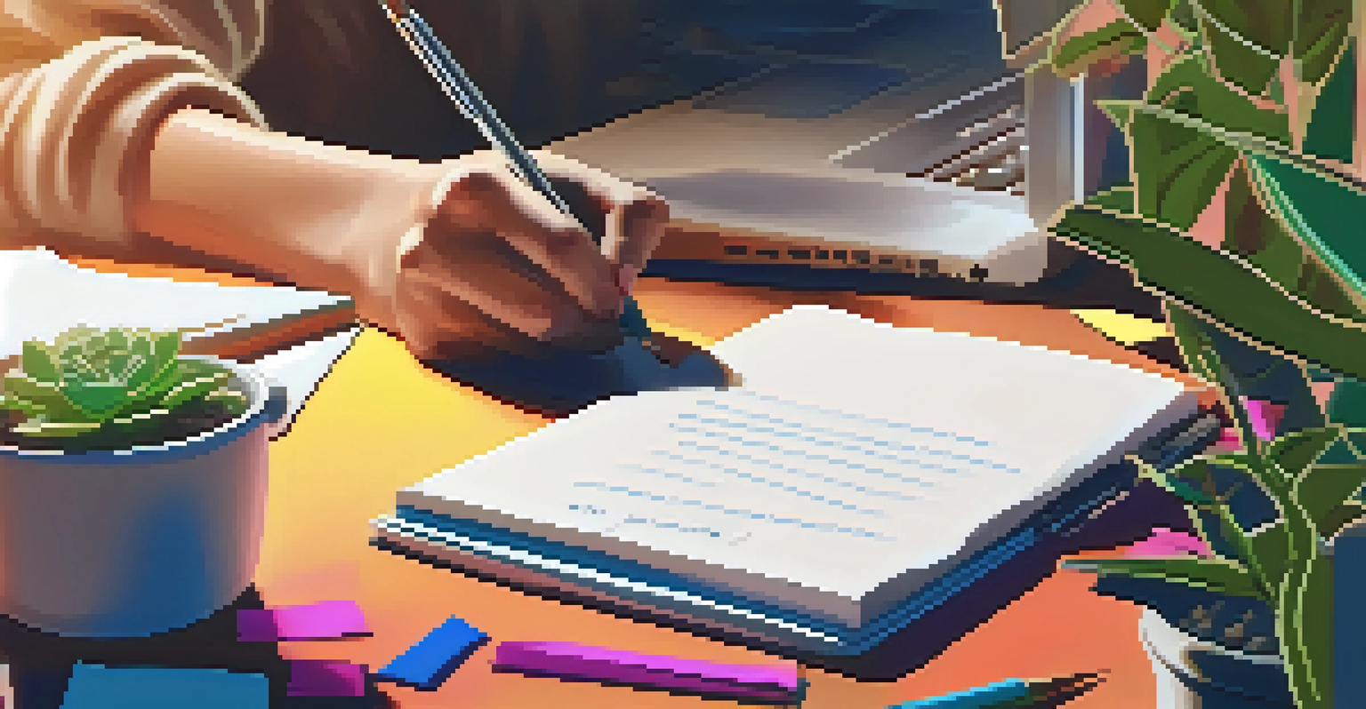 A close-up of a person writing in a notebook, with sticky notes and a laptop in a cozy workspace.
