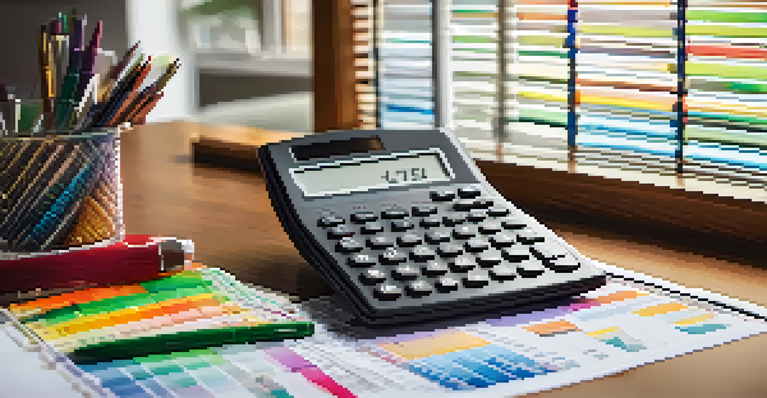A financial planner open on a table with colorful pens and a calculator, showcasing a monthly budget layout.
