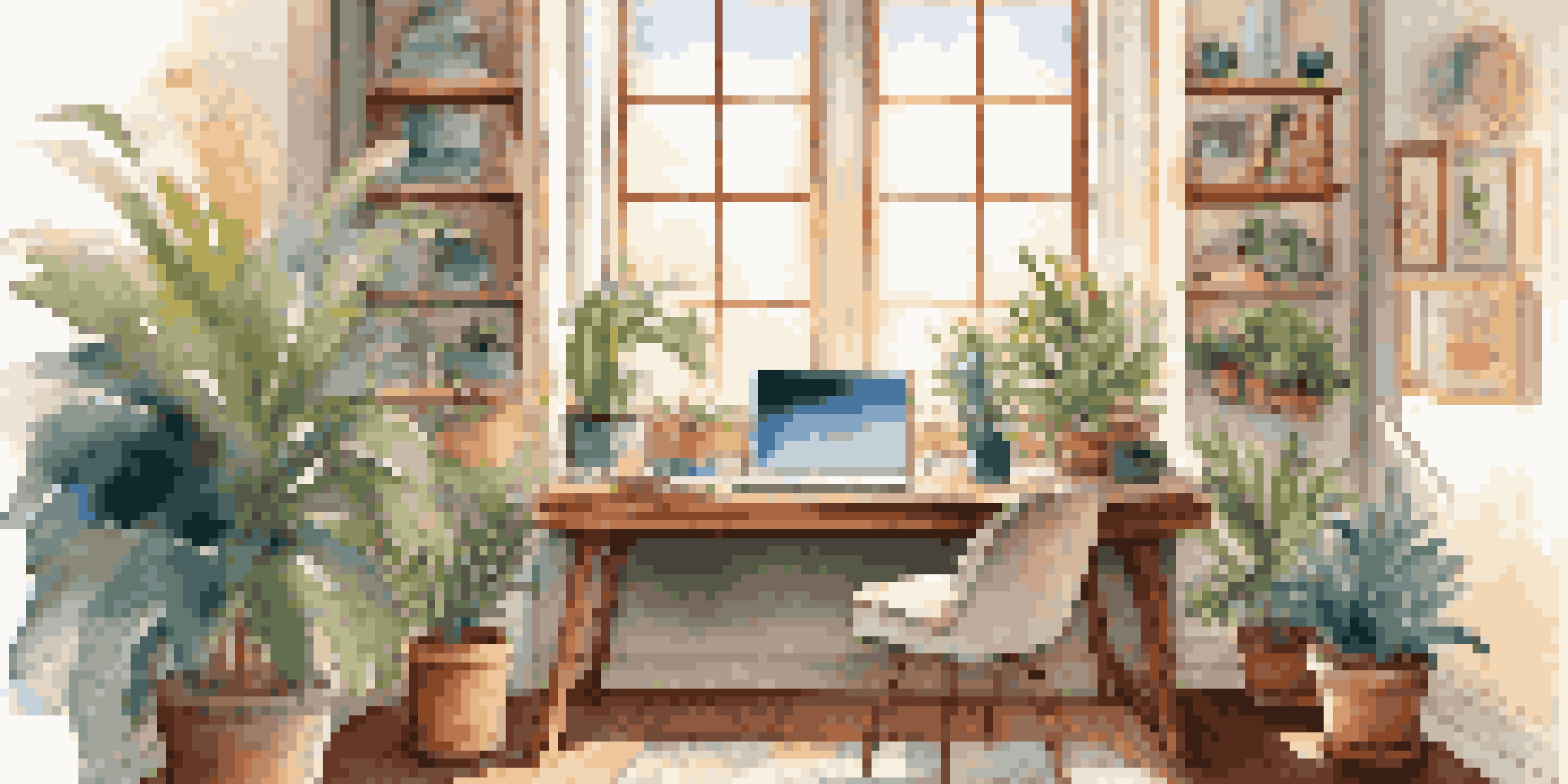 A tranquil home office with a laptop on a wooden desk, surrounded by plants and warm light from a window, evoking productivity and calmness.