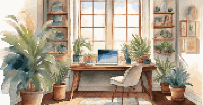 A tranquil home office with a laptop on a wooden desk, surrounded by plants and warm light from a window, evoking productivity and calmness.