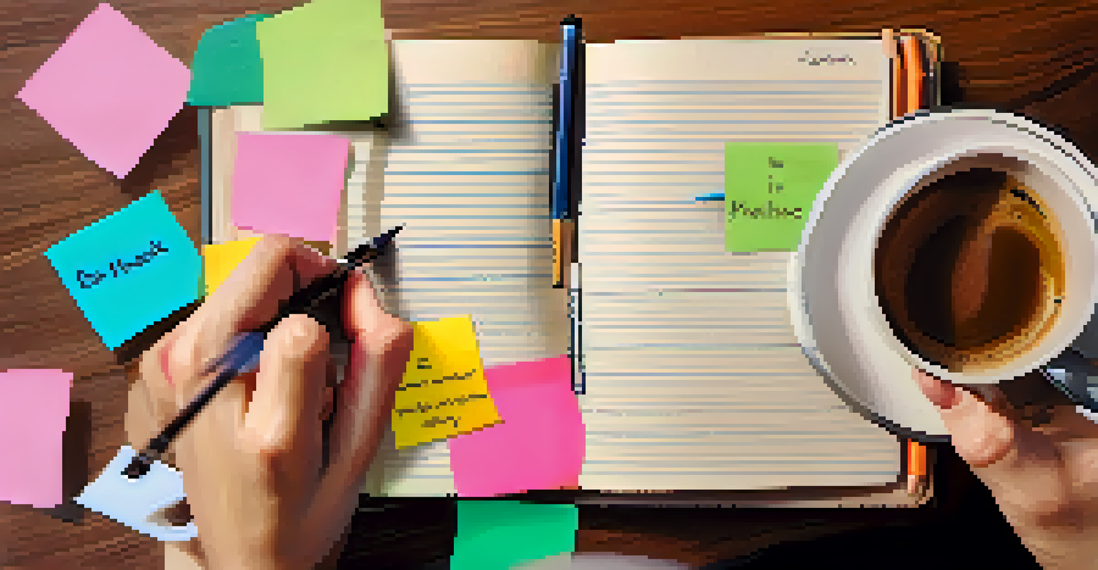 A close-up of a person writing in a journal with sticky notes and a coffee cup, reflecting on personal growth.