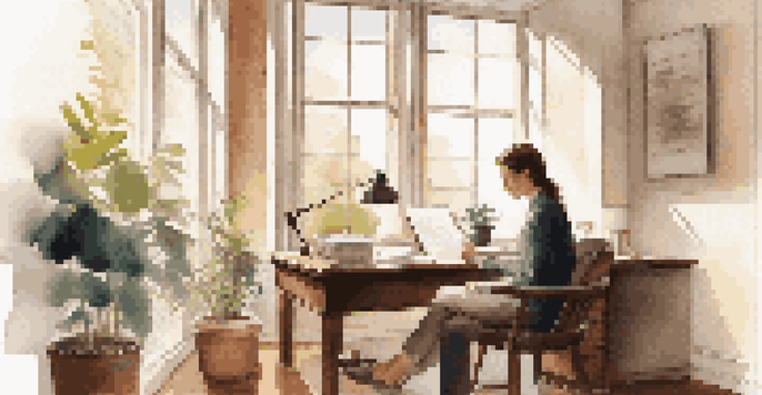 A young professional in a cozy office reviewing estate planning documents with a cup of coffee and a potted plant nearby.