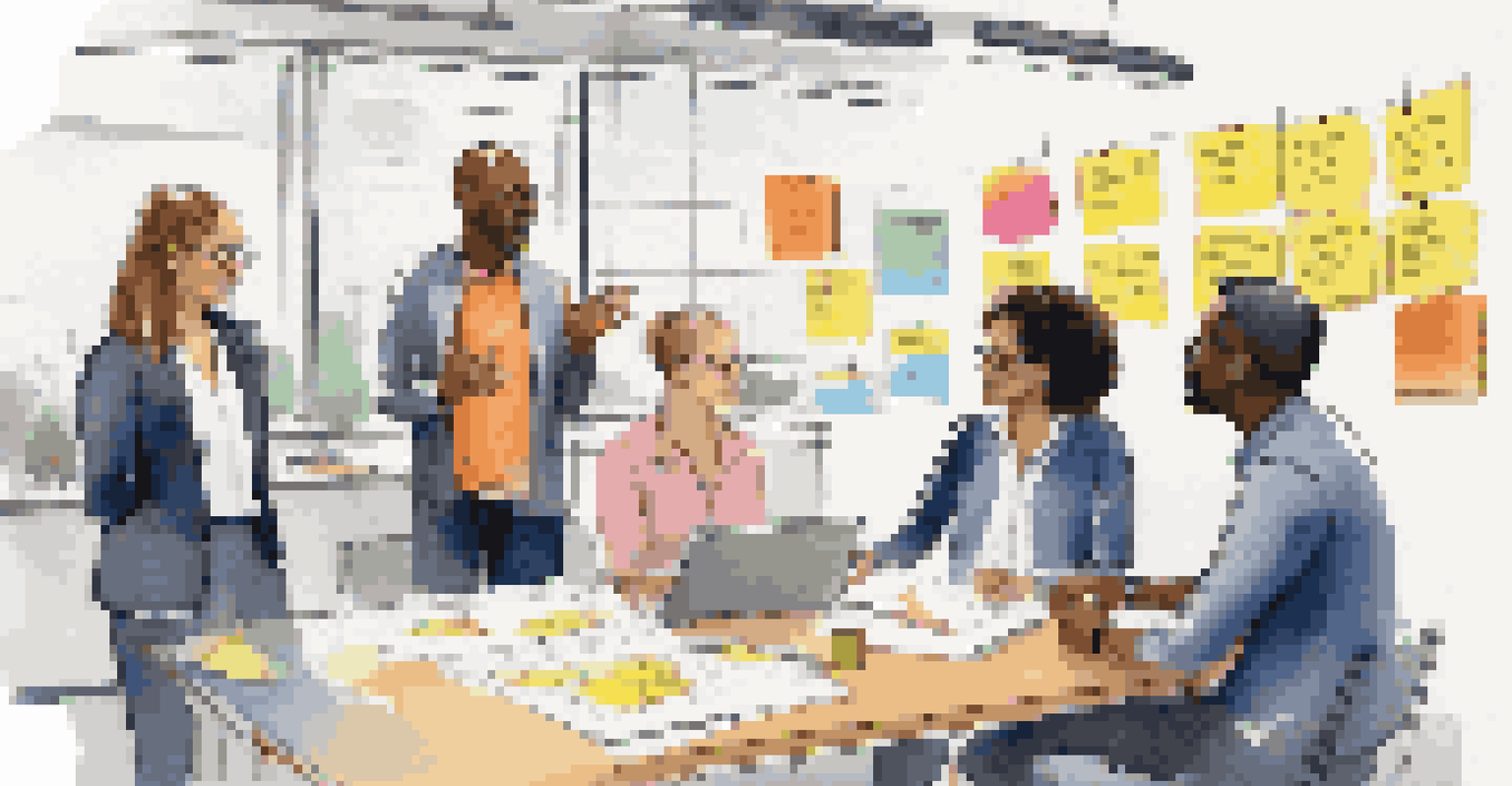 A diverse group of professionals participating in a team-building workshop, with a coach leading the session and colorful materials around them.